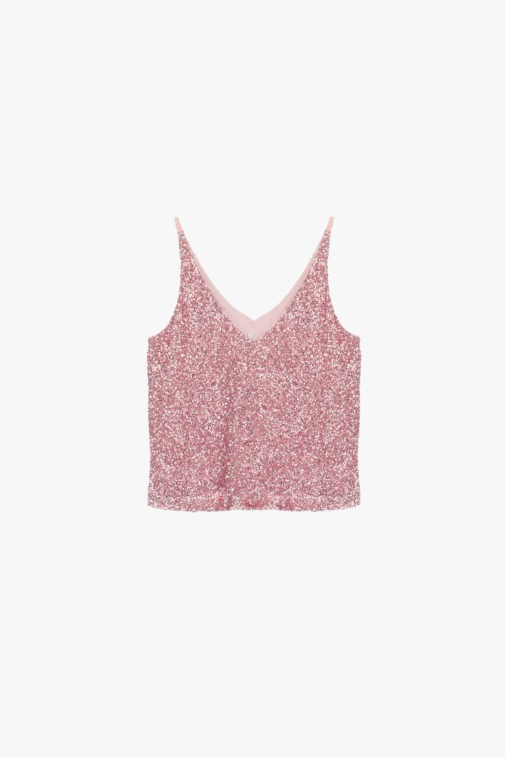 Top monocolour con scollo a V e pailletes