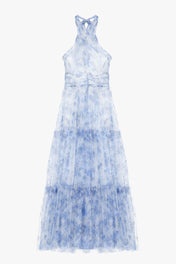 Abito lungo plissettato fantasia floreale con cut-out e drappeggi