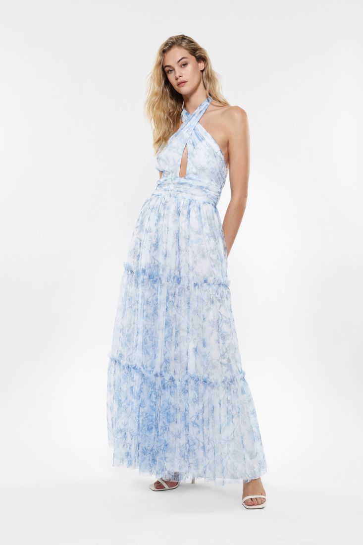 Abito lungo plissettato fantasia floreale con cut-out e drappeggi