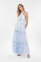 Abito lungo plissettato fantasia floreale con cut-out e drappeggi