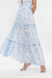 Abito lungo plissettato fantasia floreale con cut-out e drappeggi