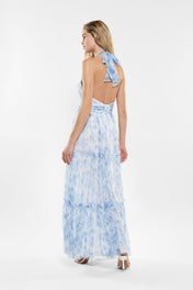 Abito lungo plissettato fantasia floreale con cut-out e drappeggi