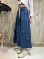 Gonna lunga in denim con tasconi