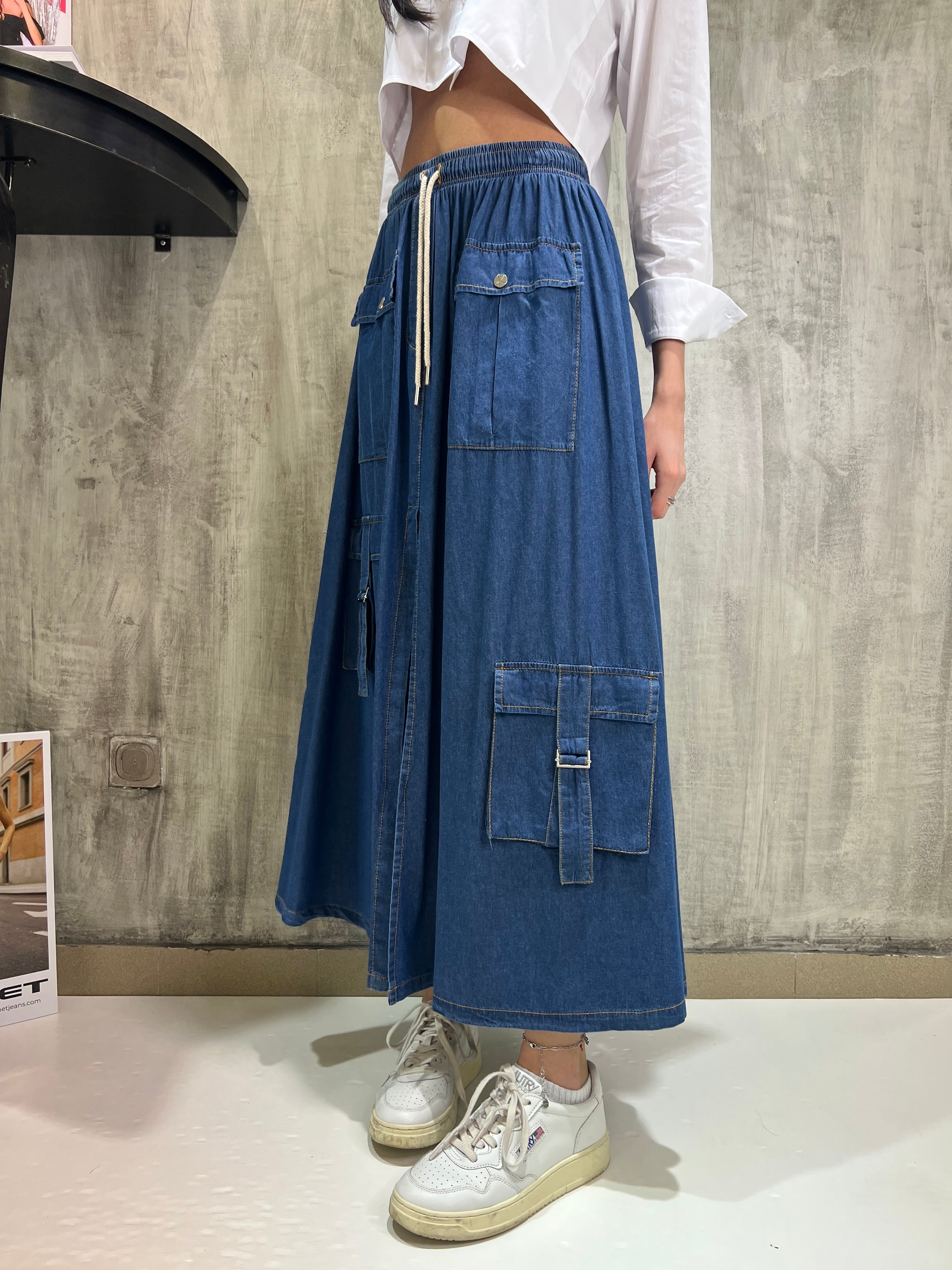Gonna lunga in denim con tasconi