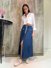 Gonna lunga in denim con tasconi