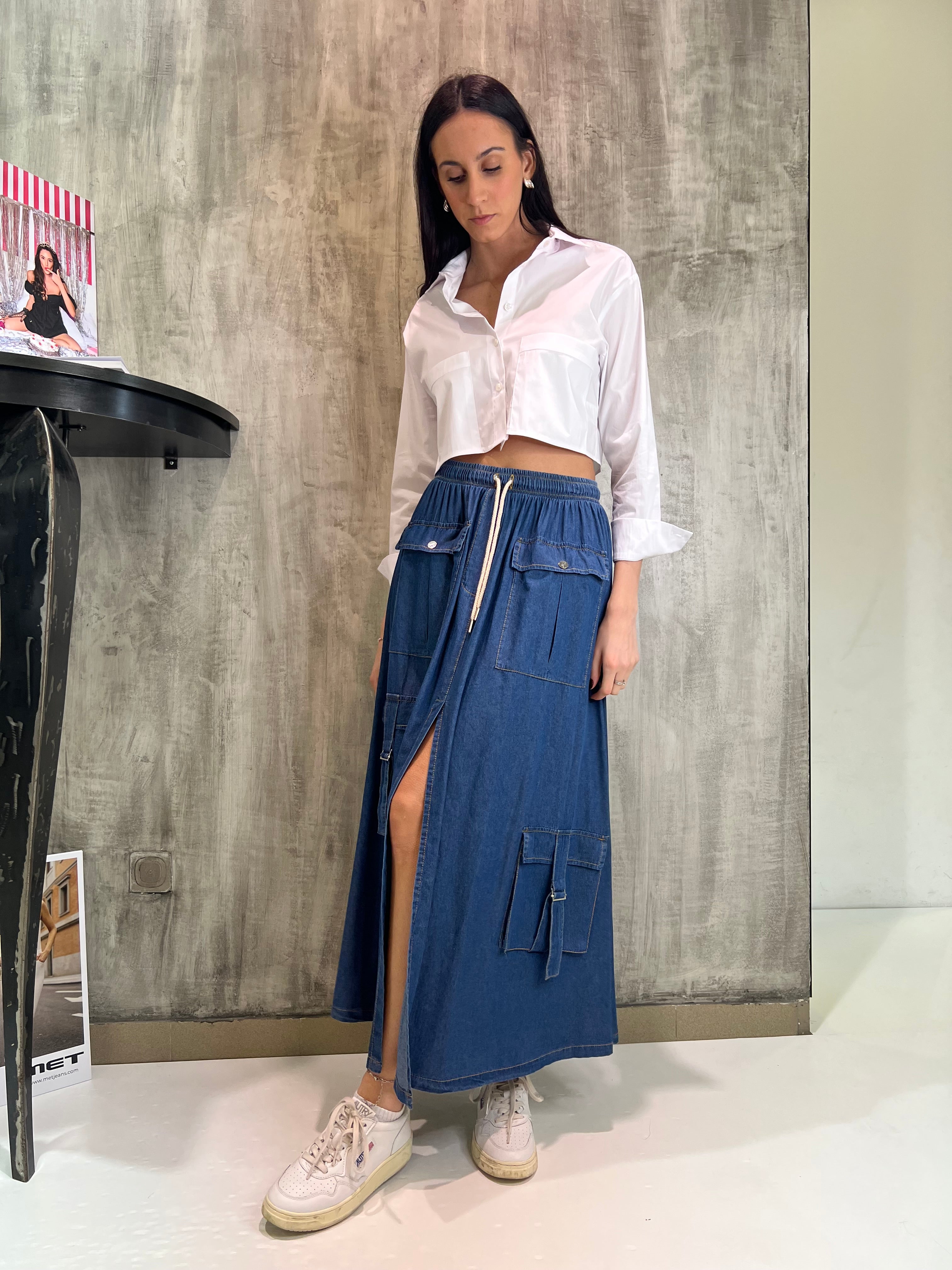 Gonna lunga in denim con tasconi