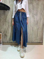 Gonna lunga in denim con tasconi