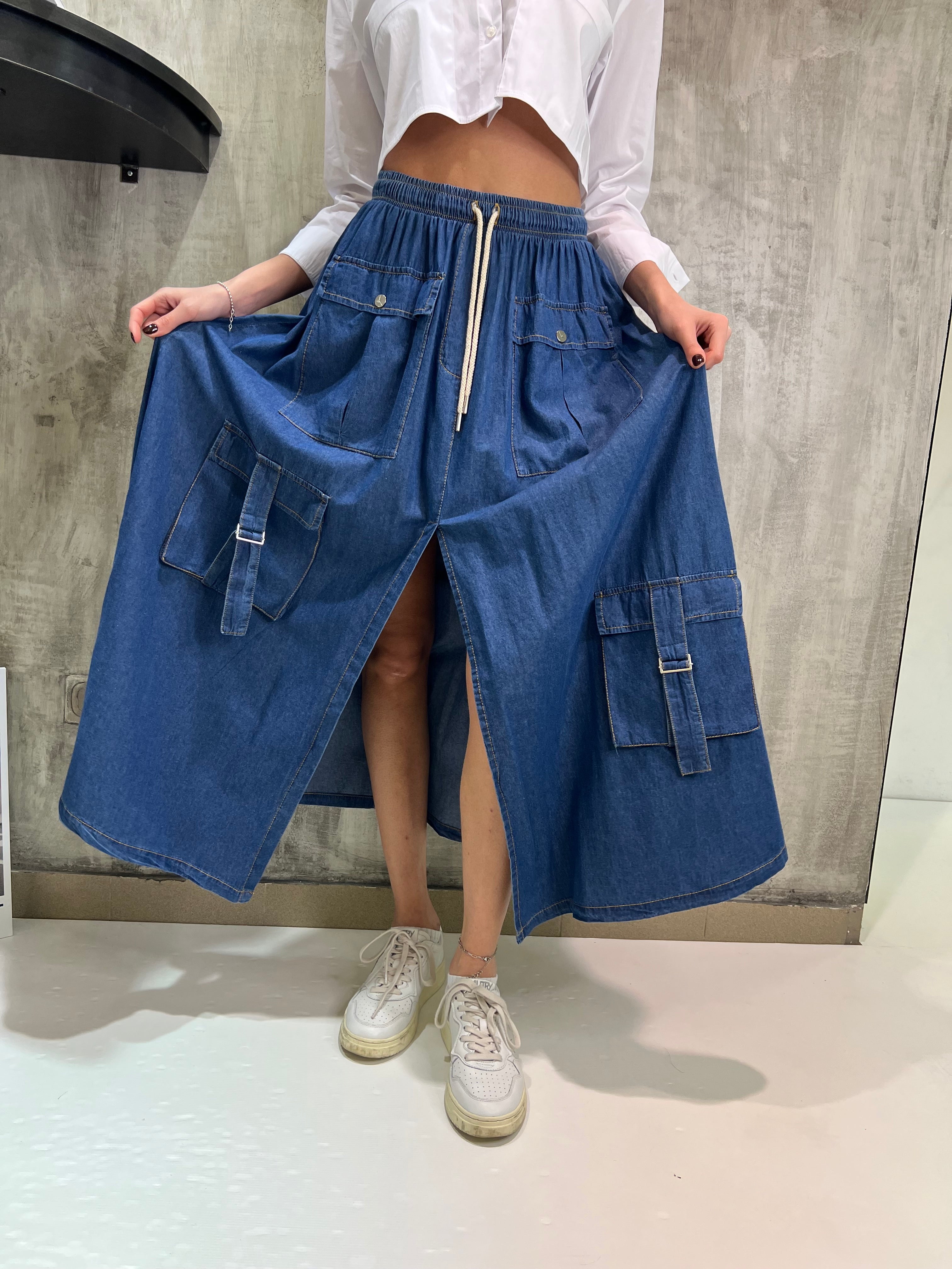 Gonna lunga in denim con tasconi