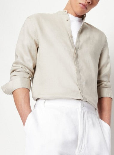 Camicia collo coreana in lino beige