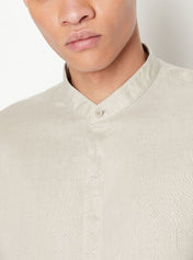 Camicia collo coreana in lino beige