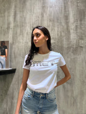 T-shirt con logo in strass