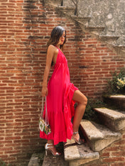 Abito lungo in raso con balze