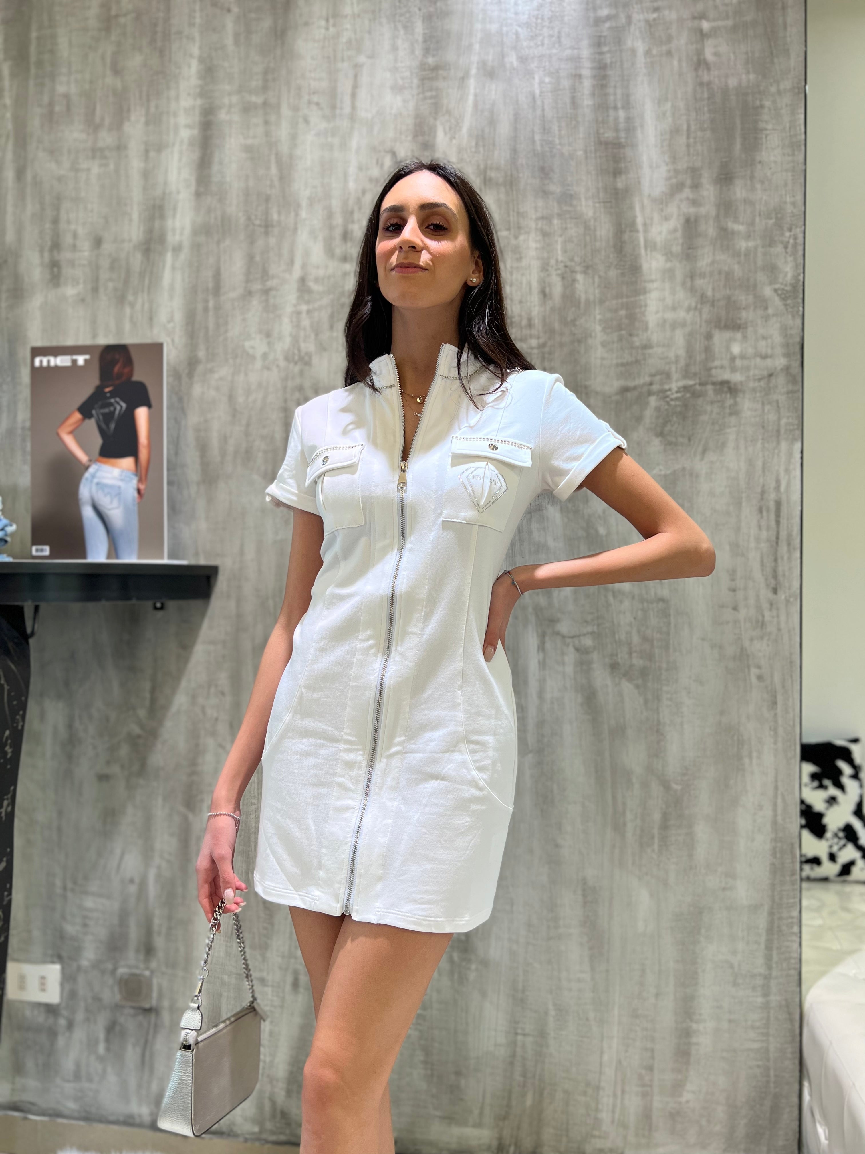 Abito bianco mini con zip e strass