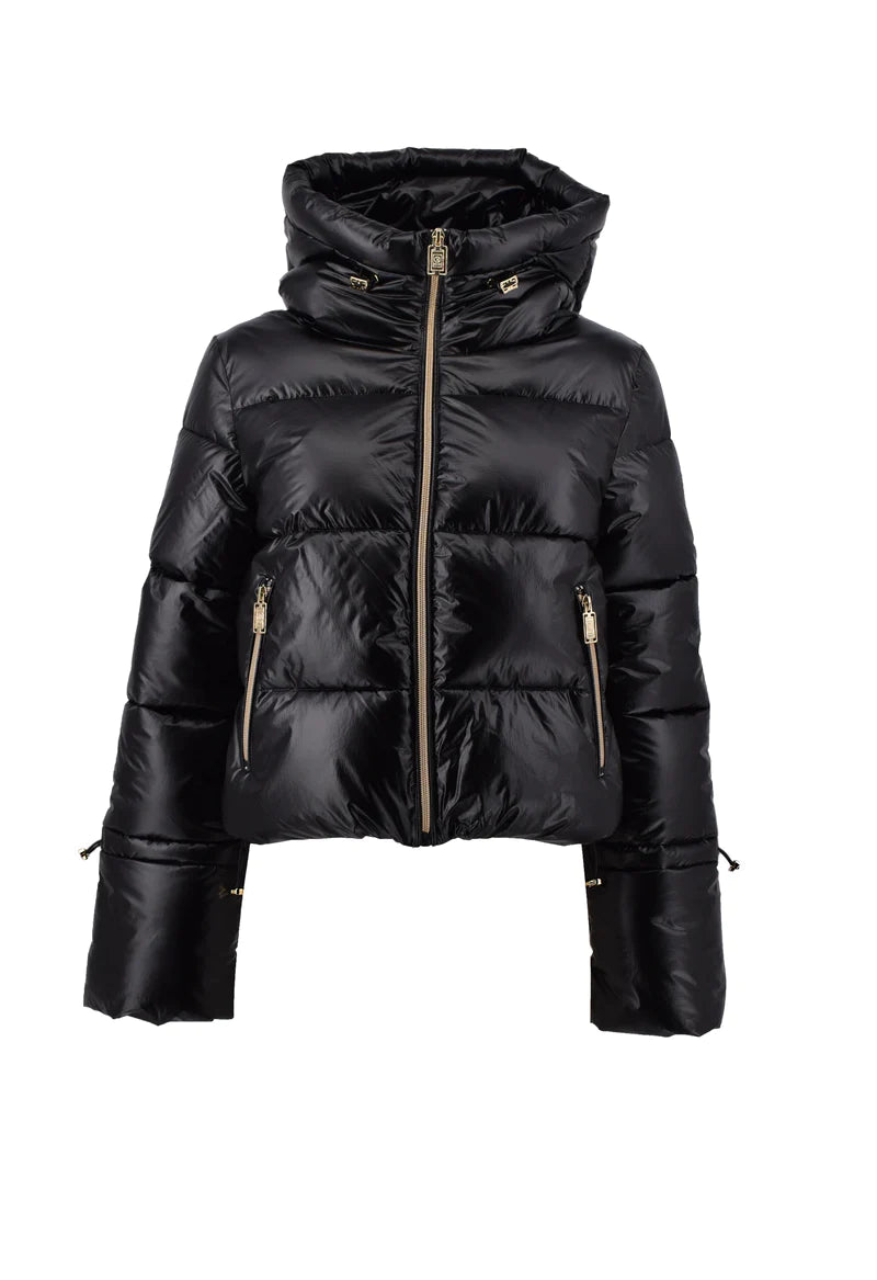 Piumino corto con zip + cappuccio + coulisse