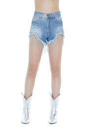 Shorts denim con catene di strass